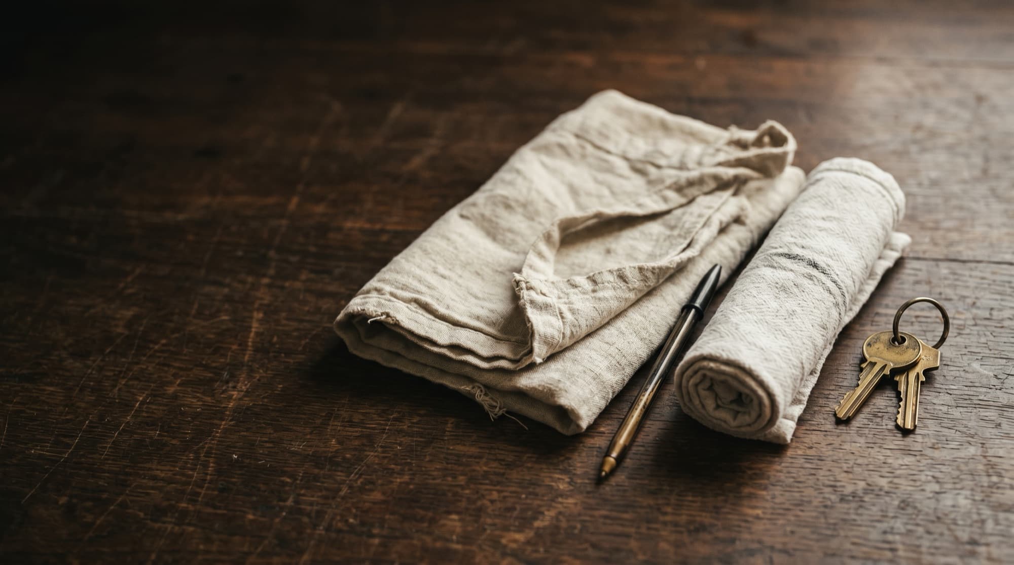 An operator's gear at rest on dark oak in warm light — a folded linen service apron, a rolled service towel, a set of brass keys, and a worn pen