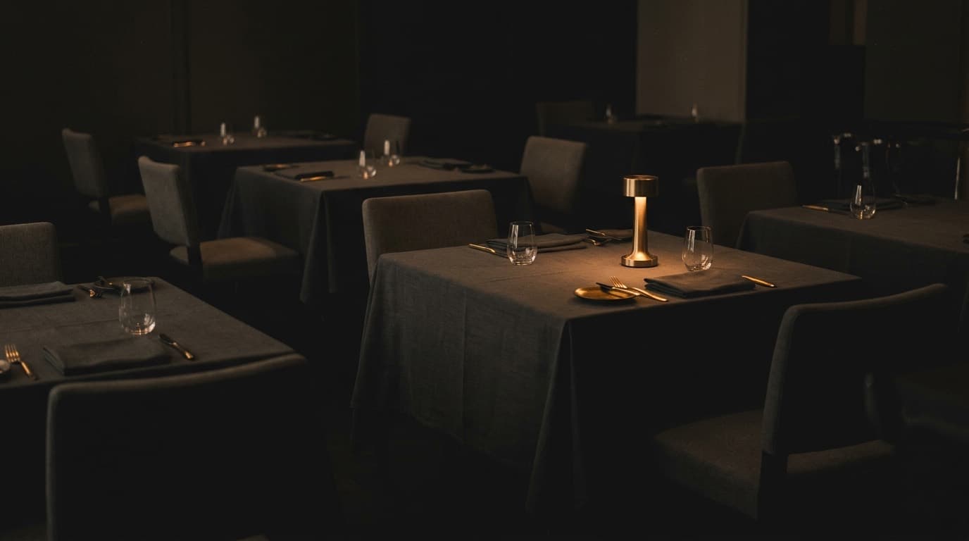 An empty fine-dining dining room after service, a single warm lamp glowing on a set table