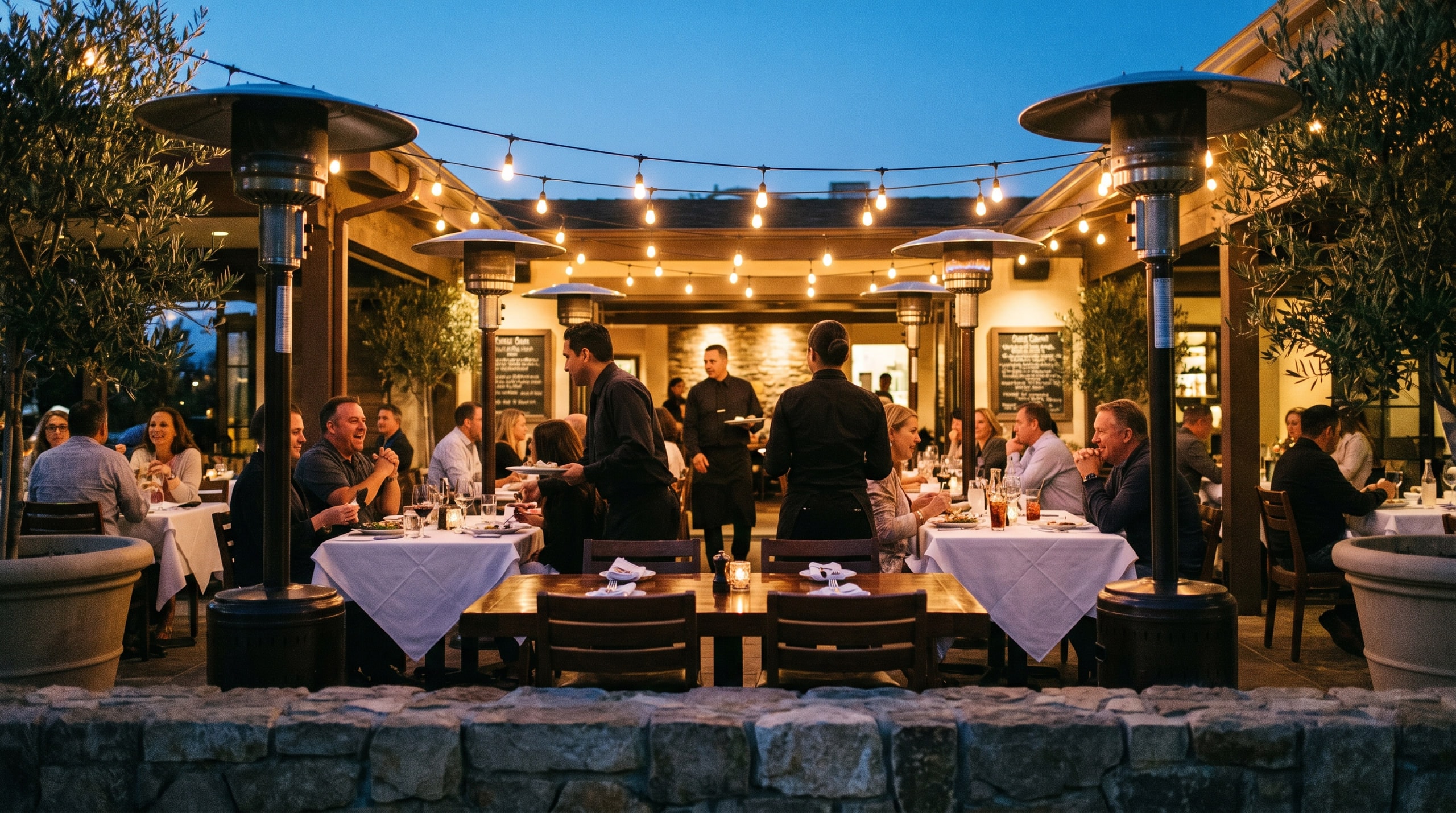 An evening restaurant patio under warm string lights, full and running at service