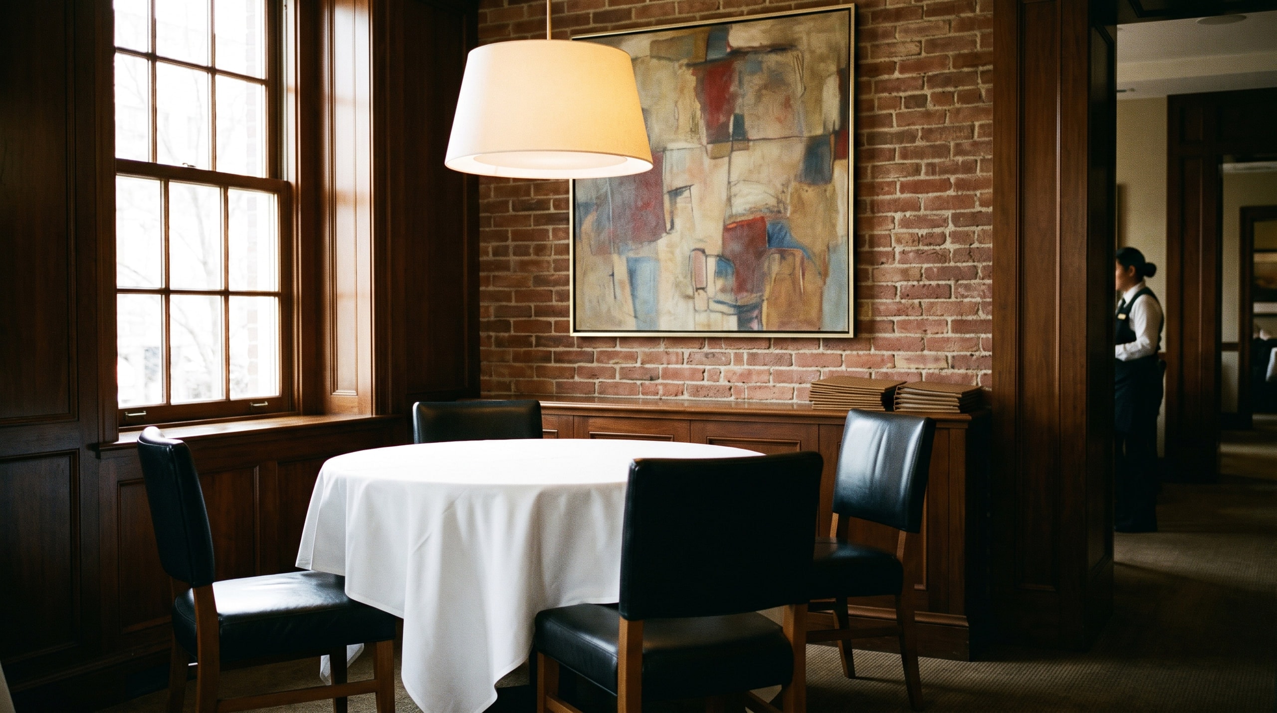 A private dining table set in white linen beneath a pendant lamp, brick wall and abstract painting behind, a server passing in the hall