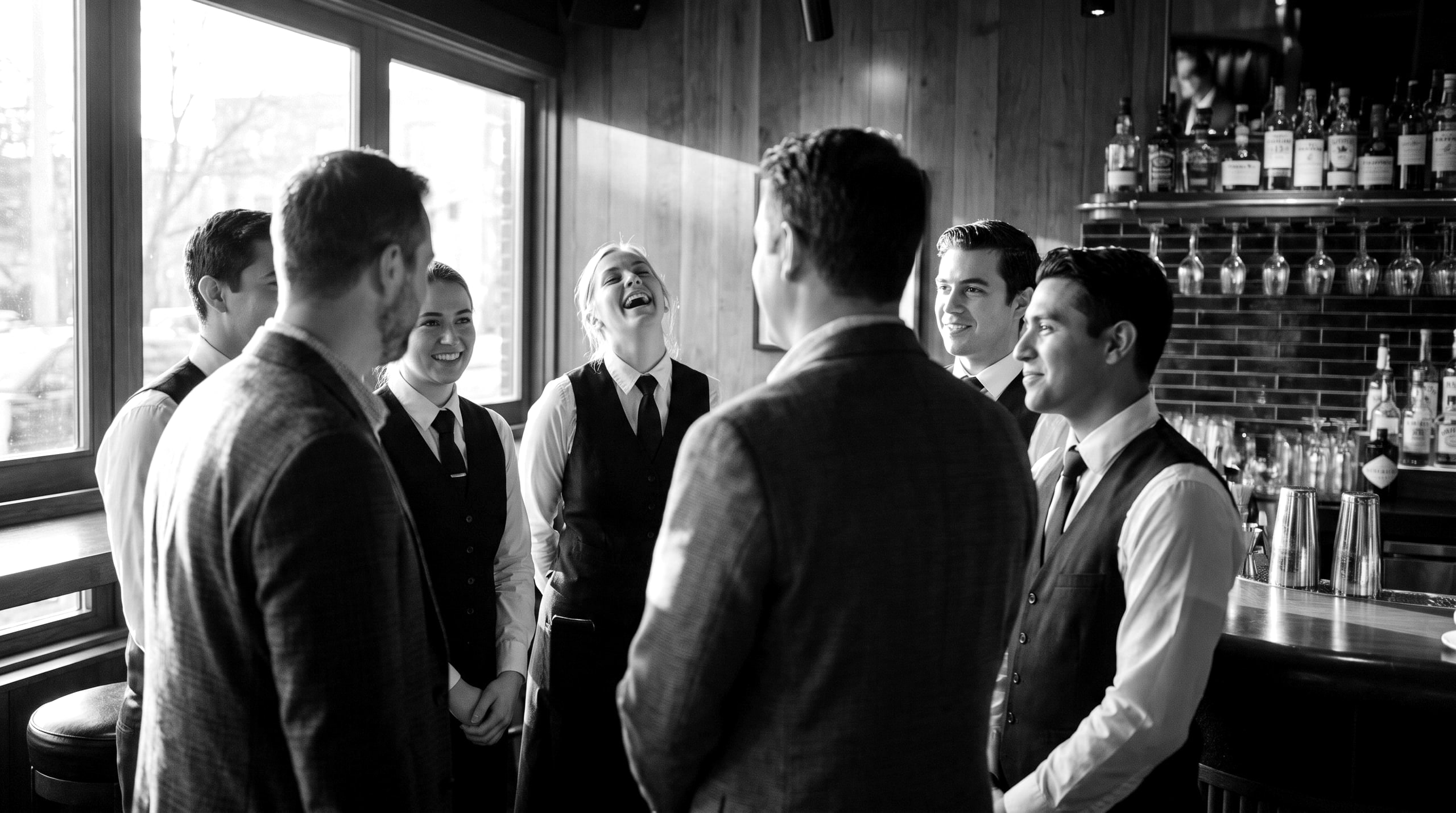 A restaurant team gathered at the bar for a pre-shift moment, genuine laughter, bottles and glassware behind them